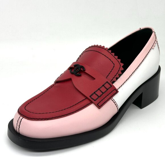 CHANEL 23B Colorblock Leather CC Heeled Penny Loafers Moccasin Shoes - Picture 1 of 15